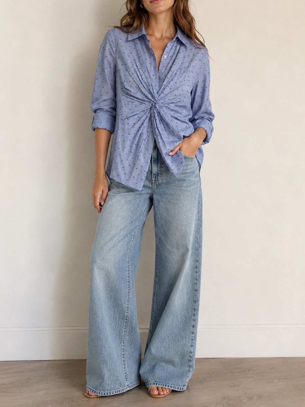 EUC Derek Lam Seersucker Twist Front Button Down Blouse in Blue size 0